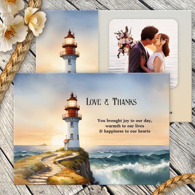 Lighthouse Coastal Photo Wedding Thank You Card (Nautical photo Wedding Thank You card featuring a watercolor painting of a lighthouse at sunset)