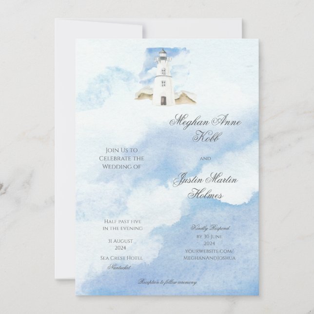 Lighthouse Coastal Theme Wedding Invitation (Front)