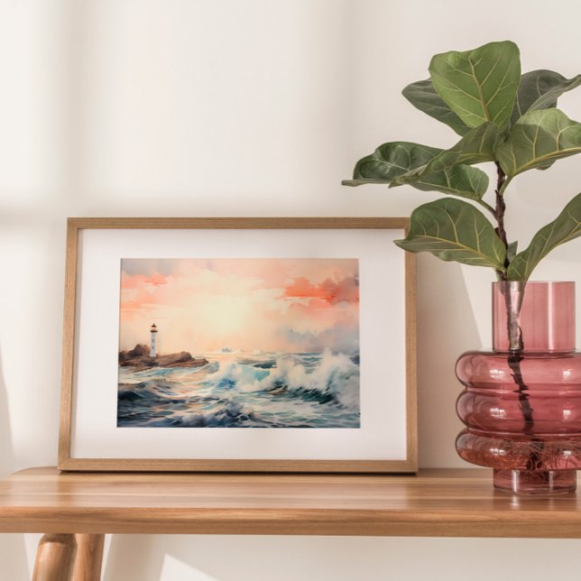 Lighthouse Dreams: Coastal Watercolor Painting Poster (Embark on a visual journey to tranquil shores with a mesmerizing watercolor painting.)
