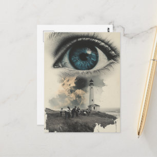 Lighthouse Eyeball and Farmers Surreal Vintage Postcard