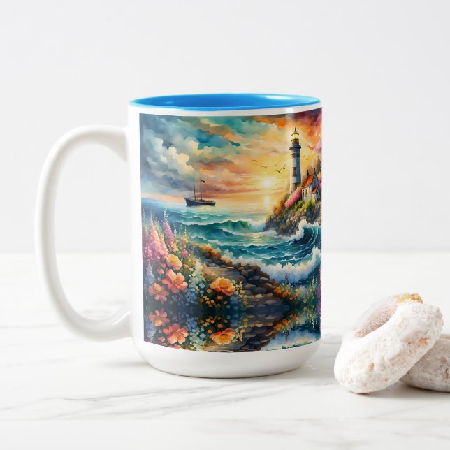 Lighthouse Floral garden on the Sea Two-Tone Coffee Mug (With Donut)