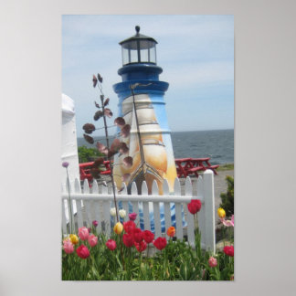 Lighthouse, flowers & ocean print