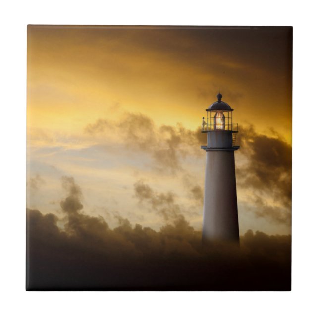 Lighthouse Glowing under Dramatic Sky Ceramic Tile (Front)