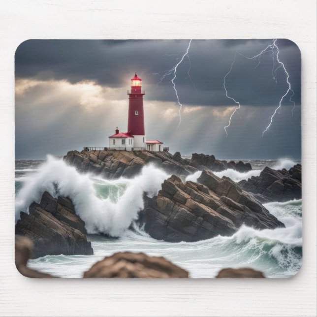 Lighthouse In A Storm Mouse Pad (Front)