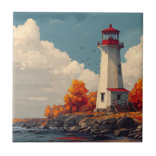 Lighthouse in Autumn Fall Ceramic Tile