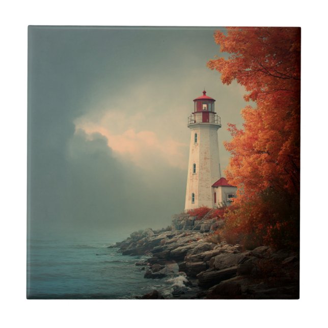 Lighthouse in Autumn Fall Ceramic Tile (Front)
