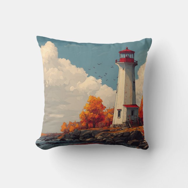 Lighthouse in Autumn Fall Cushion (Front)