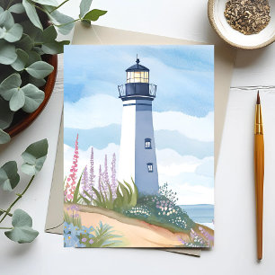 Lighthouse in Bloom Coastal Watercolor Floral Postcard