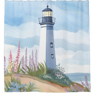 Lighthouse in Bloom   Coastal Watercolor Floral Shower Curtain