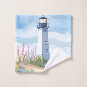 Lighthouse in Bloom Coastal Watercolor Floral Wash Cloth