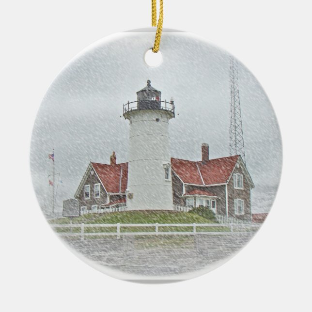 Lighthouse in Snow Merry Christmas Ceramic Tree Decoration (Front)