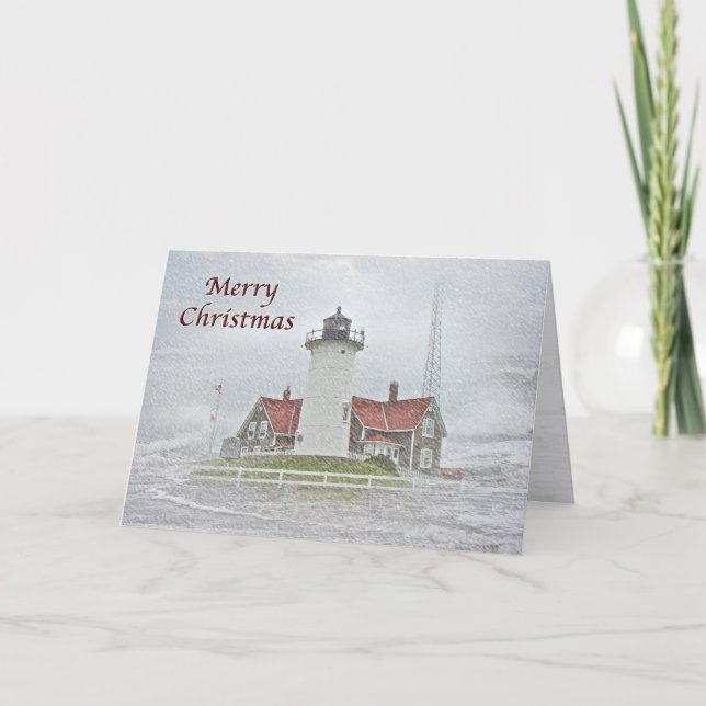 Lighthouse in Snow Merry Christmas Holiday Card (Front)