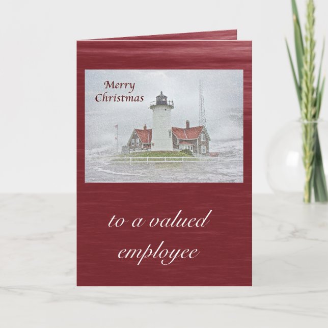 Lighthouse in Snow Merry Christmas Holiday Card (Front)