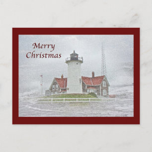 Lighthouse in Snow Merry Christmas Holiday Postcard