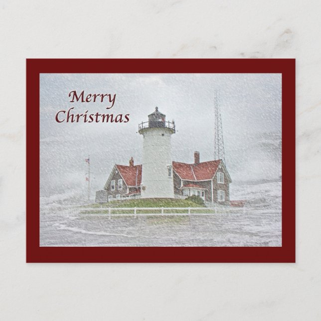 Lighthouse in Snow Merry Christmas Holiday Postcard (Front)