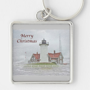 Lighthouse in Snow Merry Christmas Key Ring