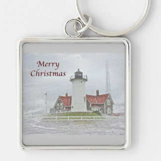 Lighthouse in Snow Merry Christmas Key Ring