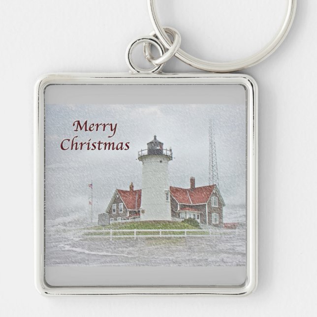 Lighthouse in Snow Merry Christmas Key Ring (Front)