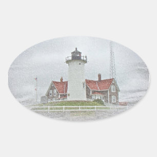 Lighthouse in Snow Merry Christmas Oval Sticker