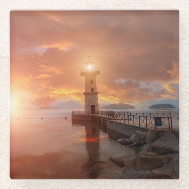 Lighthouse in the Sunset Glass Coaster (Front)