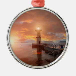 Lighthouse in the Sunset Metal Ornament