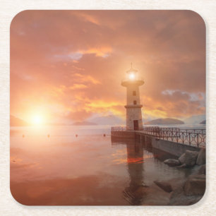 Lighthouse in the Sunset Square Paper Coaster