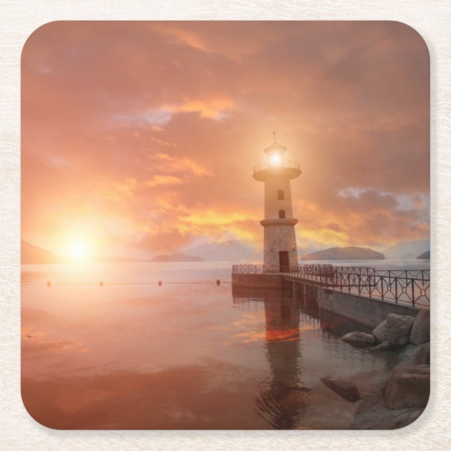 Lighthouse in the Sunset Square Paper Coaster (Front)
