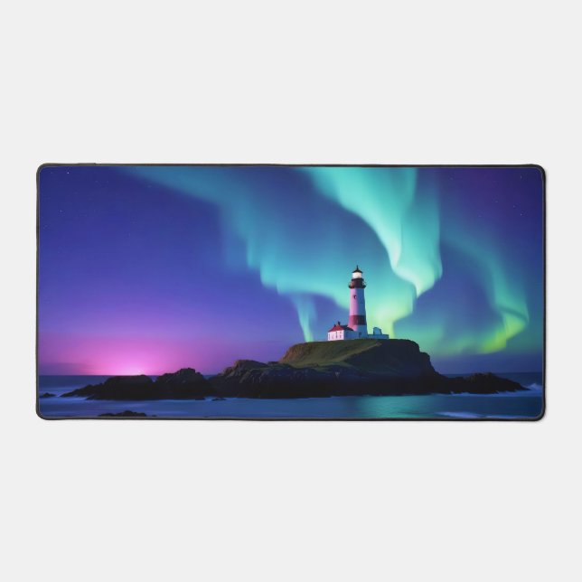 Lighthouse Landscape Coastal Ocean Aurora Night  Desk Mat (Front)
