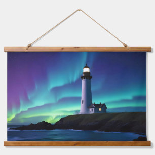 Lighthouse Landscape Coastal Ocean Aurora Night  Hanging Tapestry
