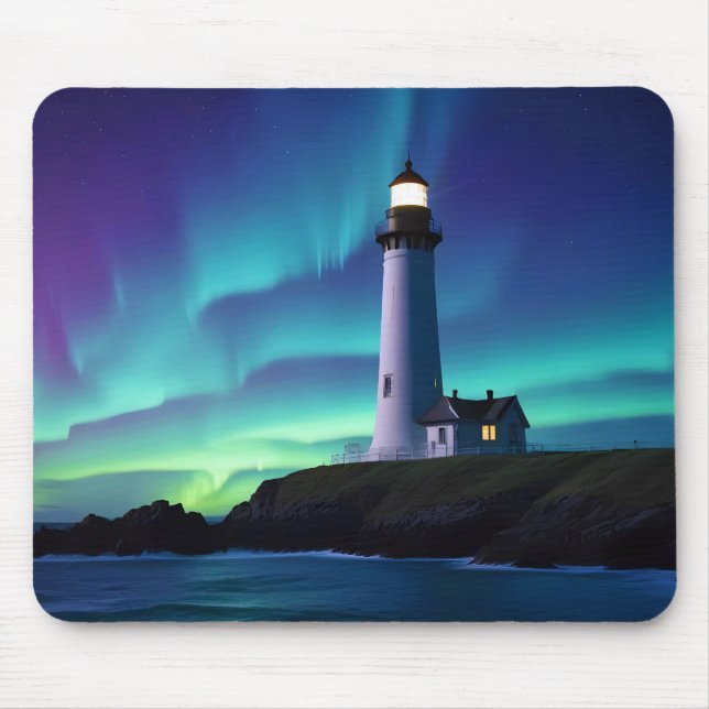Lighthouse Landscape Coastal Ocean Aurora Night  Mouse Pad (Front)