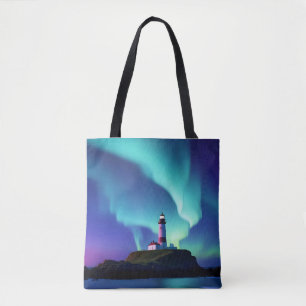 Lighthouse Landscape Coastal Ocean Aurora Night Tote Bag