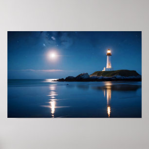 Lighthouse Landscape Coastal Ocean Calm Sea Night  Poster