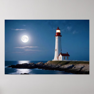 Lighthouse Landscape Coastal Ocean Calm Sea Night  Poster
