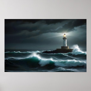 Lighthouse Landscape Coastal Ocean Waves Night Sea Poster