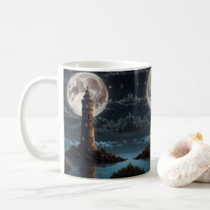 Lighthouse lit via moonlight on a clear night coffee mug