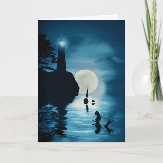 Lighthouse Mermaid Sallboat and Dolphin Blank Card (Front)