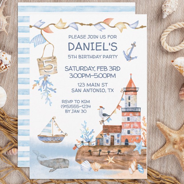 Lighthouse Nautical Birthday Invitation (Nautical Kid's Birthday Party Invitation)