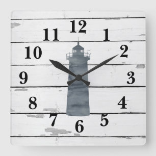 Lighthouse Nautical Blue Shiplap Rustic Decor Square Wall Clock