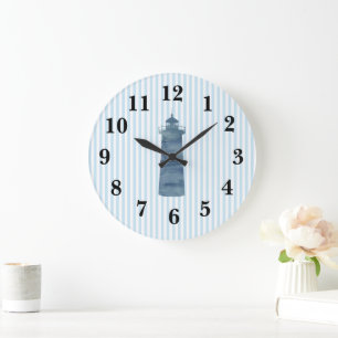 Lighthouse Nautical Blue Stripe Rustic Decor Large Clock