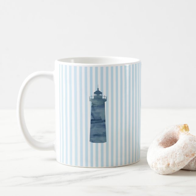 Lighthouse Nautical Painting Blue Stripe Art Mug (With Donut)