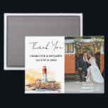 Lighthouse Nautical Theme Wedding Thank You Magnet<br><div class="desc">Introducing the Lighthouse Nautical Theme Wedding Thank You Magnet, a charming and personalised keepsake that captures the essence of your coastal, seaside, or nautical-inspired wedding. This beautiful magnet features a wedding photo template framed by a watercolor lighthouse artwork and elegant Thank You typography, making it a perfect way to express...</div>