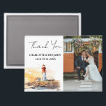 Lighthouse Nautical Theme Wedding Thank You Magnet<br><div class="desc">Introducing the Lighthouse Nautical Theme Wedding Thank You Magnet, a charming and personalised keepsake that captures the essence of your coastal, seaside, or nautical-inspired wedding. This beautiful magnet features a wedding photo template framed by a watercolor lighthouse artwork and elegant Thank You typography, making it a perfect way to express...</div>
