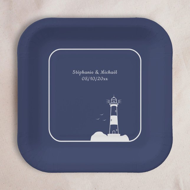 Lighthouse Navy Blue Wedding  Paper Plate (Lighthouse Navy Blue Wedding Paper Plates)