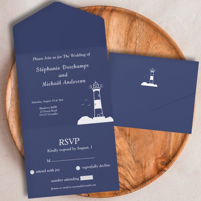 Lighthouse Navy Blue Wedding RSVP All In One Invitation (Lighthouse Navy Blue Wedding RSVP All In One Invitation)