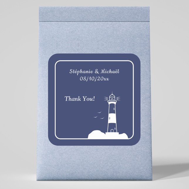 Lighthouse Navy Blue Wedding  Square Sticker (Lighthouse Navy Blue Wedding Sticker)