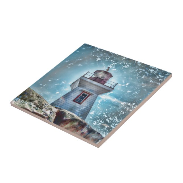 Lighthouse Ocean Blue Nautical Rustic Coastal Ceramic Tile (Side)