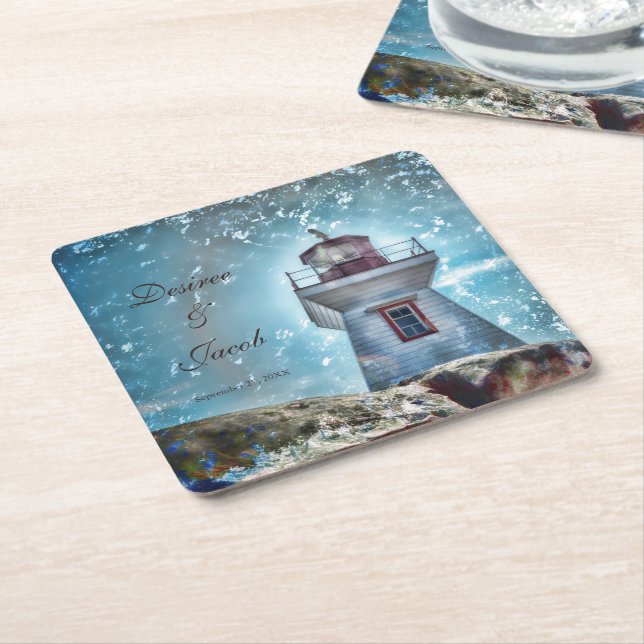 Lighthouse Ocean Blue Nautical Rustic Coastal Square Paper Coaster (Angled)