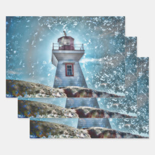 Lighthouse Ocean Blue Nautical Rustic Coastal Wrapping Paper Sheet