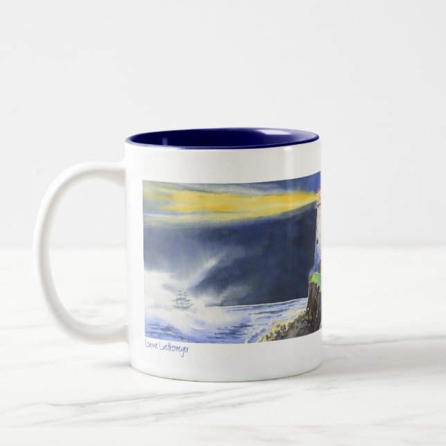 Lighthouse ocean night fog dog Two-Tone coffee mug (Left)