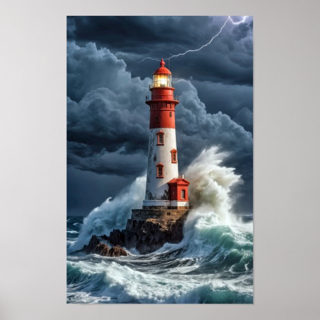 Lighthouse Ocean Storm Majestic Powerful Wave Poster (Front)